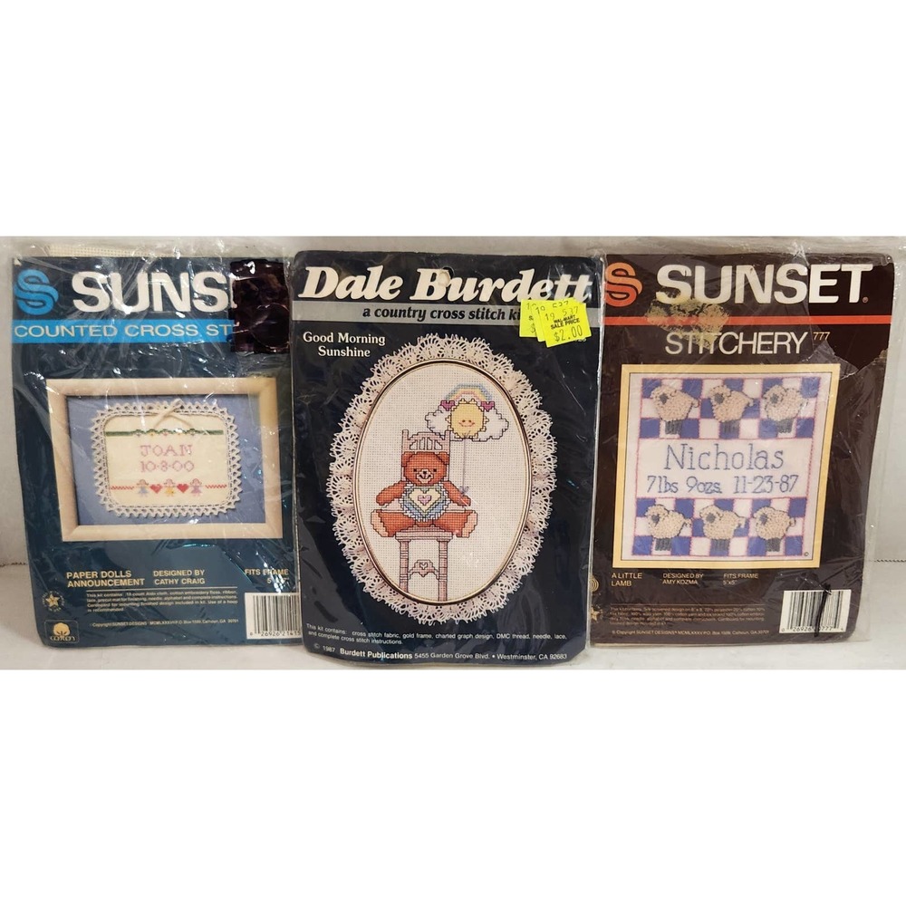 Sunset Counted Cross Stitch Baby Announcements Lot‎ of 3